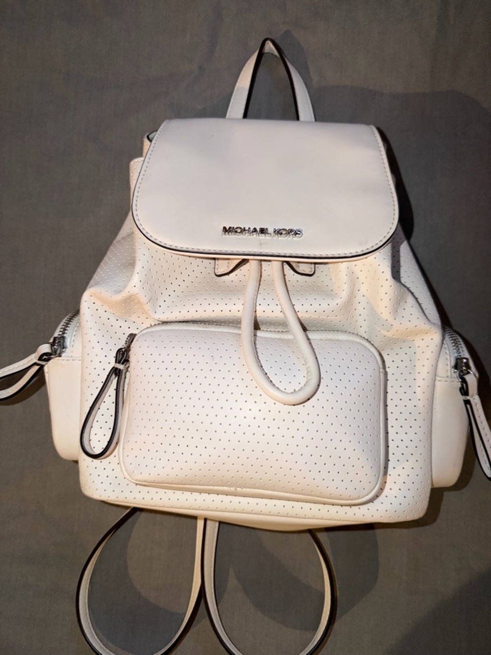 Authentic Michael Kors White Perforated Leather Drawstring Backpack
